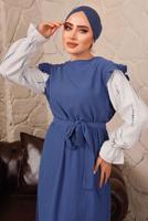 Tesettür giyim LACİVERT KOLLARI FIRFIRLI KUŞAKLI İKİLİ ELBİSE T 6592