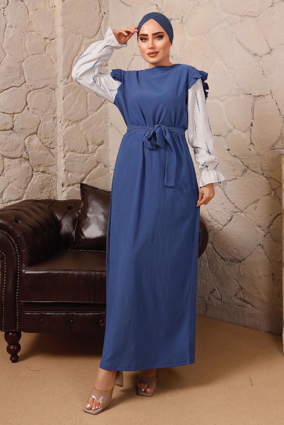Tesettür giyim LACİVERT KOLLARI FIRFIRLI KUŞAKLI İKİLİ ELBİSE T 6592