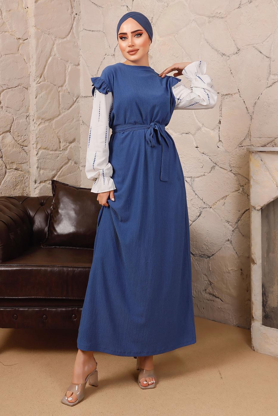 Tesettür giyim LACİVERT KOLLARI FIRFIRLI KUŞAKLI İKİLİ ELBİSE T 6592