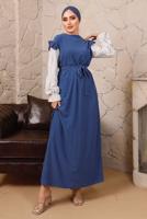 Tesettür giyim LACİVERT KOLLARI FIRFIRLI KUŞAKLI İKİLİ ELBİSE T 6592
