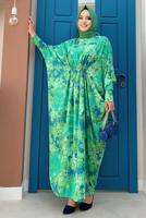 Tesettür giyim YEŞİL ÖNÜ BÜZGÜLÜ DESENLİ YARASA KOL ELBİSE T 6673
