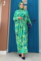 Tesettür giyim YEŞİL ÖNÜ BÜZGÜLÜ DESENLİ YARASA KOL ELBİSE T 6673