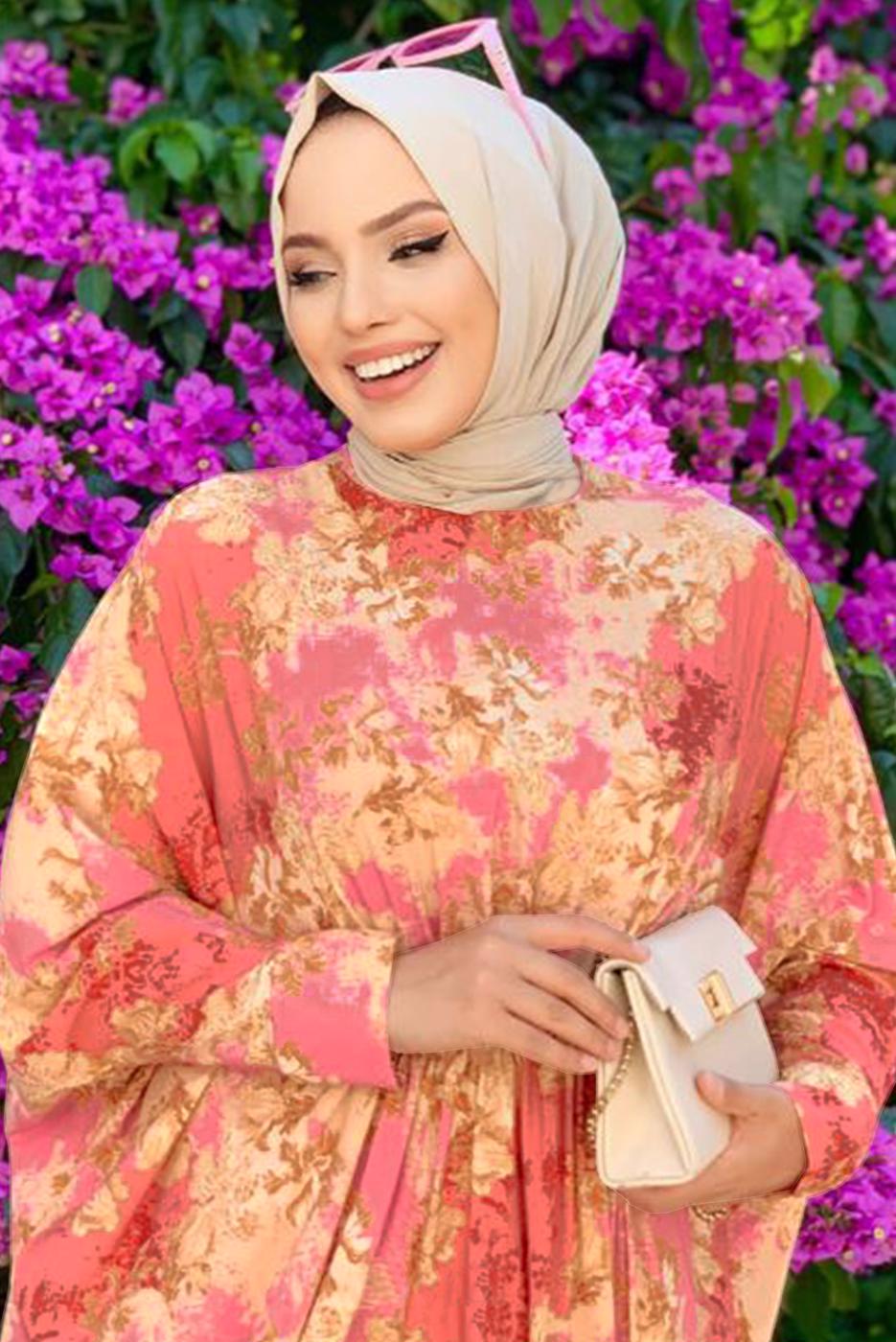 Tesettür giyim PUDRA ÖNÜ BÜZGÜLÜ DESENLİ YARASA KOL ELBİSE T 6673