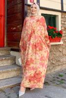 Tesettür giyim PUDRA ÖNÜ BÜZGÜLÜ DESENLİ YARASA KOL ELBİSE T 6673