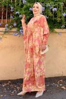 Tesettür giyim PUDRA ÖNÜ BÜZGÜLÜ DESENLİ YARASA KOL ELBİSE T 6673