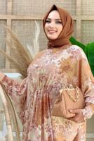 Tesettür giyim VİZON ÖNÜ BÜZGÜLÜ DESENLİ YARASA KOL ELBİSE T 6673