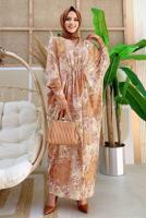 Tesettür giyim VİZON ÖNÜ BÜZGÜLÜ DESENLİ YARASA KOL ELBİSE T 6673