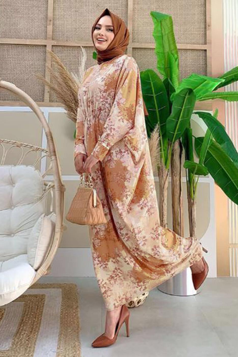 Tesettür giyim VİZON ÖNÜ BÜZGÜLÜ DESENLİ YARASA KOL ELBİSE T 6673