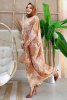 Tesettür giyim VİZON ÖNÜ BÜZGÜLÜ DESENLİ YARASA KOL ELBİSE T 6673