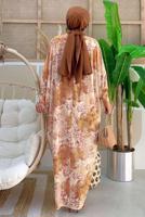 Tesettür giyim VİZON ÖNÜ BÜZGÜLÜ DESENLİ YARASA KOL ELBİSE T 6673