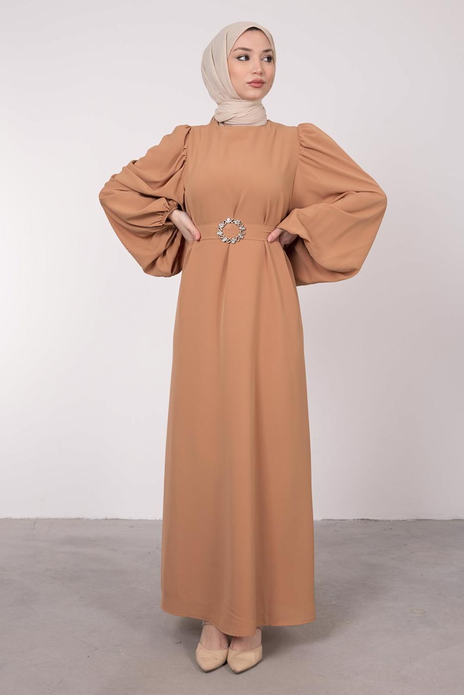 Tesettür giyim KAHVE BALON KOLLU KEMERLİ ELBİSE T 6685