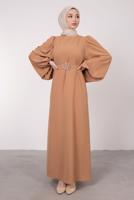 Tesettür giyim KAHVE BALON KOLLU KEMERLİ ELBİSE T 6685