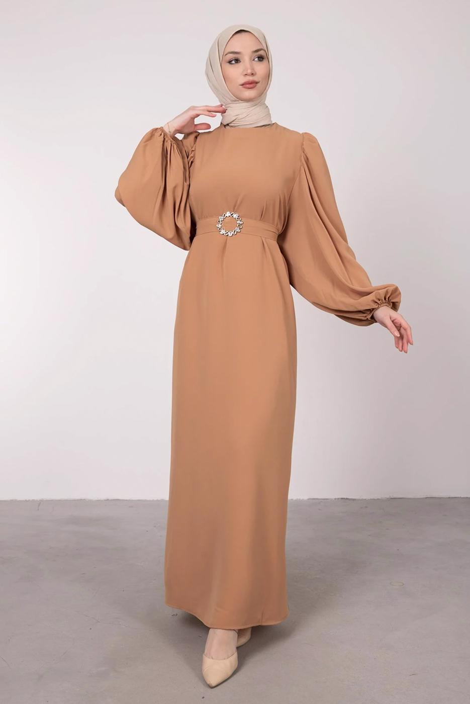 Tesettür giyim KAHVE BALON KOLLU KEMERLİ ELBİSE T 6685