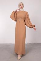 Tesettür giyim KAHVE BALON KOLLU KEMERLİ ELBİSE T 6685