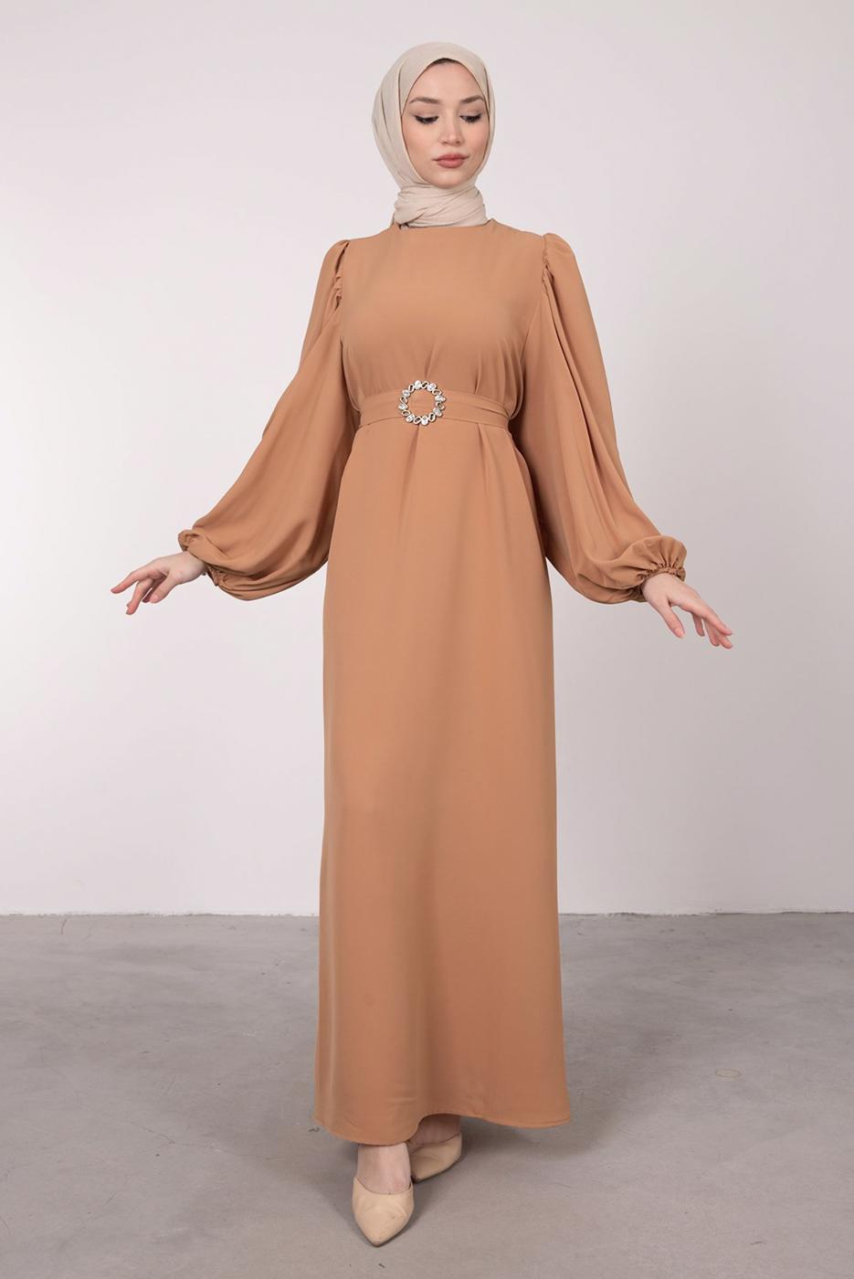 Tesettür giyim KAHVE BALON KOLLU KEMERLİ ELBİSE T 6685