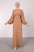 Tesettür giyim KAHVE BALON KOLLU KEMERLİ ELBİSE T 6685