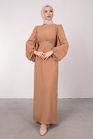 Tesettür giyim KAHVE BALON KOLLU KEMERLİ ELBİSE T 6685