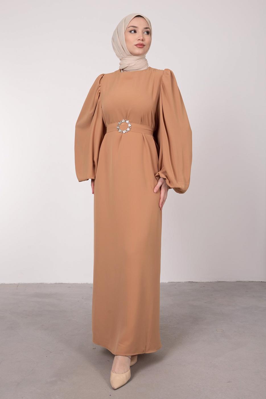 Tesettür giyim KAHVE BALON KOLLU KEMERLİ ELBİSE T 6685