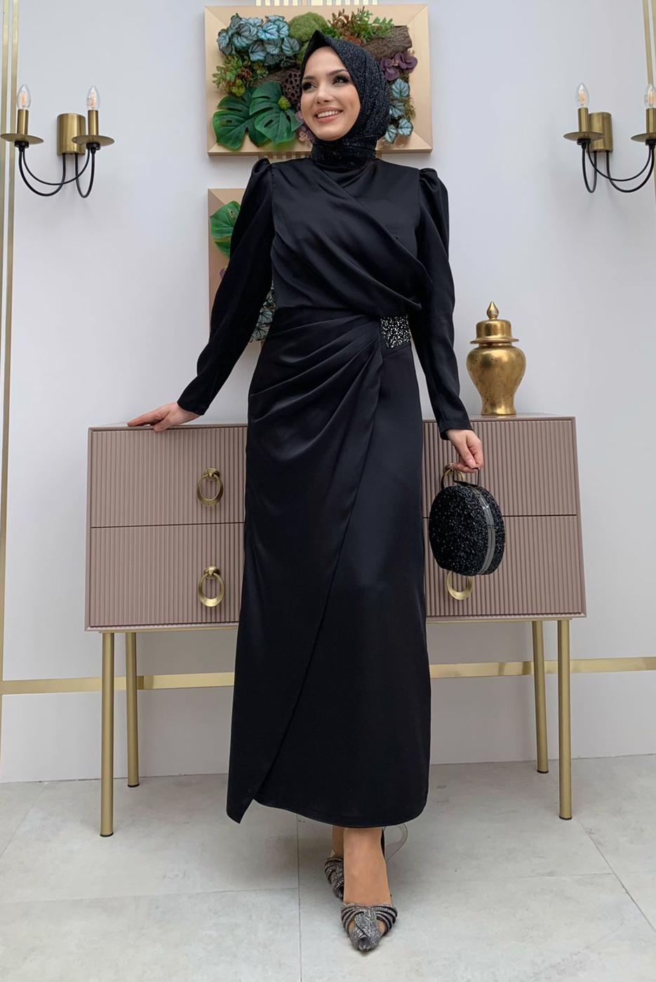 Tesettür giyim SİYAH TAŞ DETAYLI BÜZGÜLÜ ABİYE ELBİSE T 6873