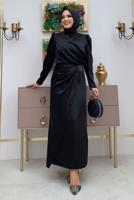 Tesettür giyim SİYAH TAŞ DETAYLI BÜZGÜLÜ ABİYE ELBİSE T 6873