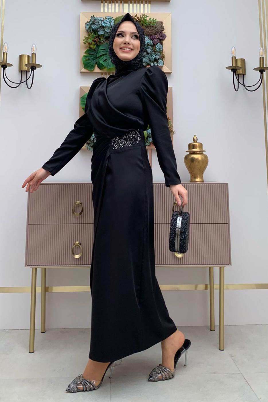 Tesettür giyim SİYAH TAŞ DETAYLI BÜZGÜLÜ ABİYE ELBİSE T 6873