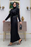 Tesettür giyim SİYAH TAŞ DETAYLI BÜZGÜLÜ ABİYE ELBİSE T 6873