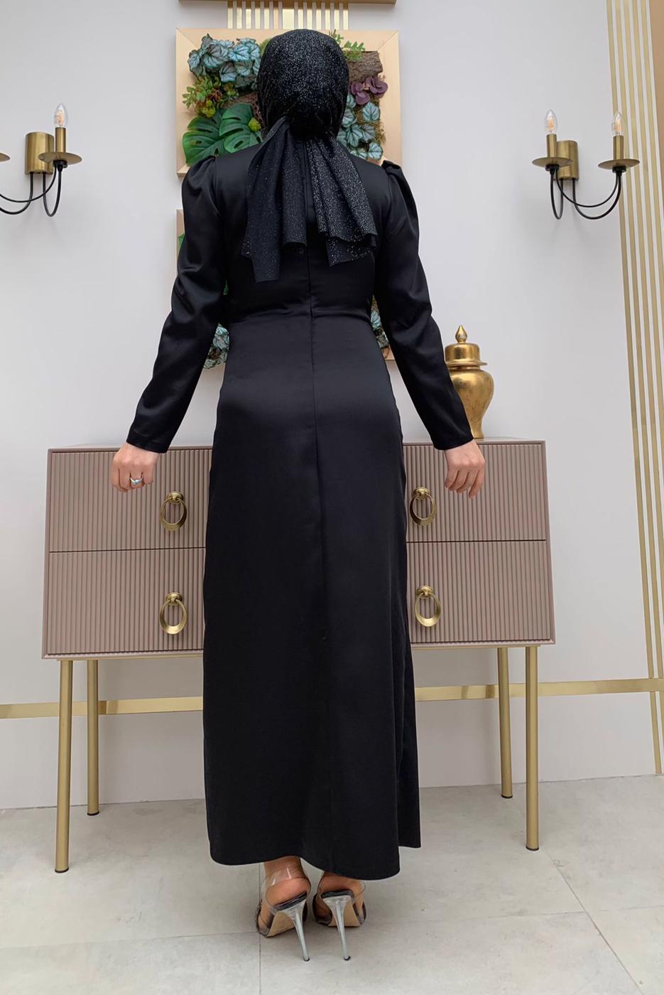 Tesettür giyim SİYAH TAŞ DETAYLI BÜZGÜLÜ ABİYE ELBİSE T 6873