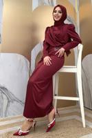 Tesettür giyim BORDO TAŞ DETAYLI BÜZGÜLÜ ABİYE ELBİSE T 6873