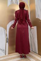 Tesettür giyim BORDO TAŞ DETAYLI BÜZGÜLÜ ABİYE ELBİSE T 6873