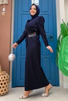 Tesettür giyim LACİVERT TAŞ DETAYLI BÜZGÜLÜ ABİYE ELBİSE T 6873