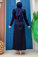 Tesettür giyim LACİVERT TAŞ DETAYLI BÜZGÜLÜ ABİYE ELBİSE T 6873