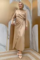 Tesettür giyim VİZON TAŞ DETAYLI BÜZGÜLÜ ABİYE ELBİSE T 6873