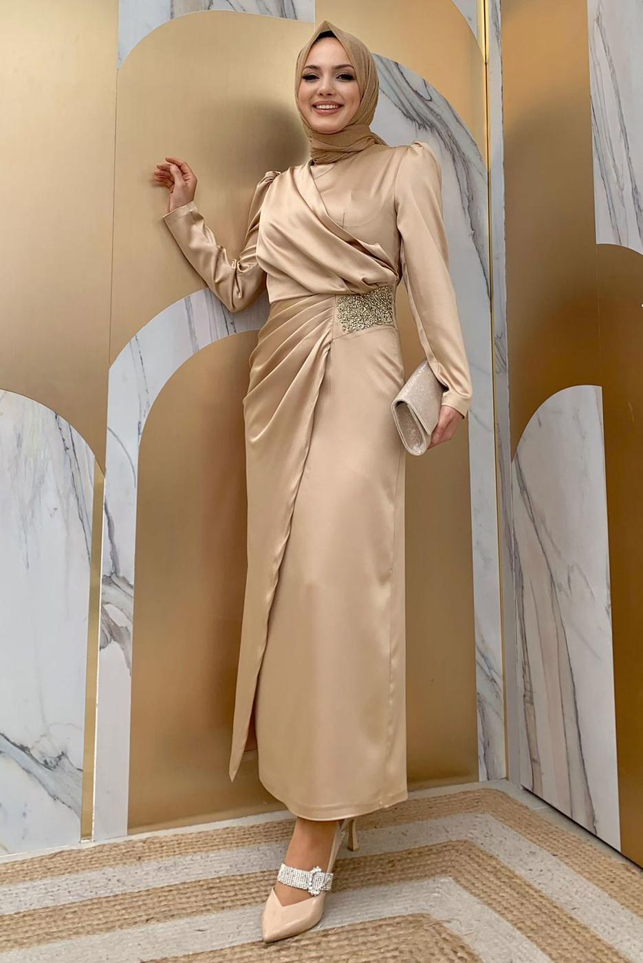 Tesettür giyim VİZON TAŞ DETAYLI BÜZGÜLÜ ABİYE ELBİSE T 6873