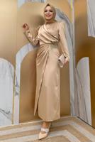 Tesettür giyim VİZON TAŞ DETAYLI BÜZGÜLÜ ABİYE ELBİSE T 6873