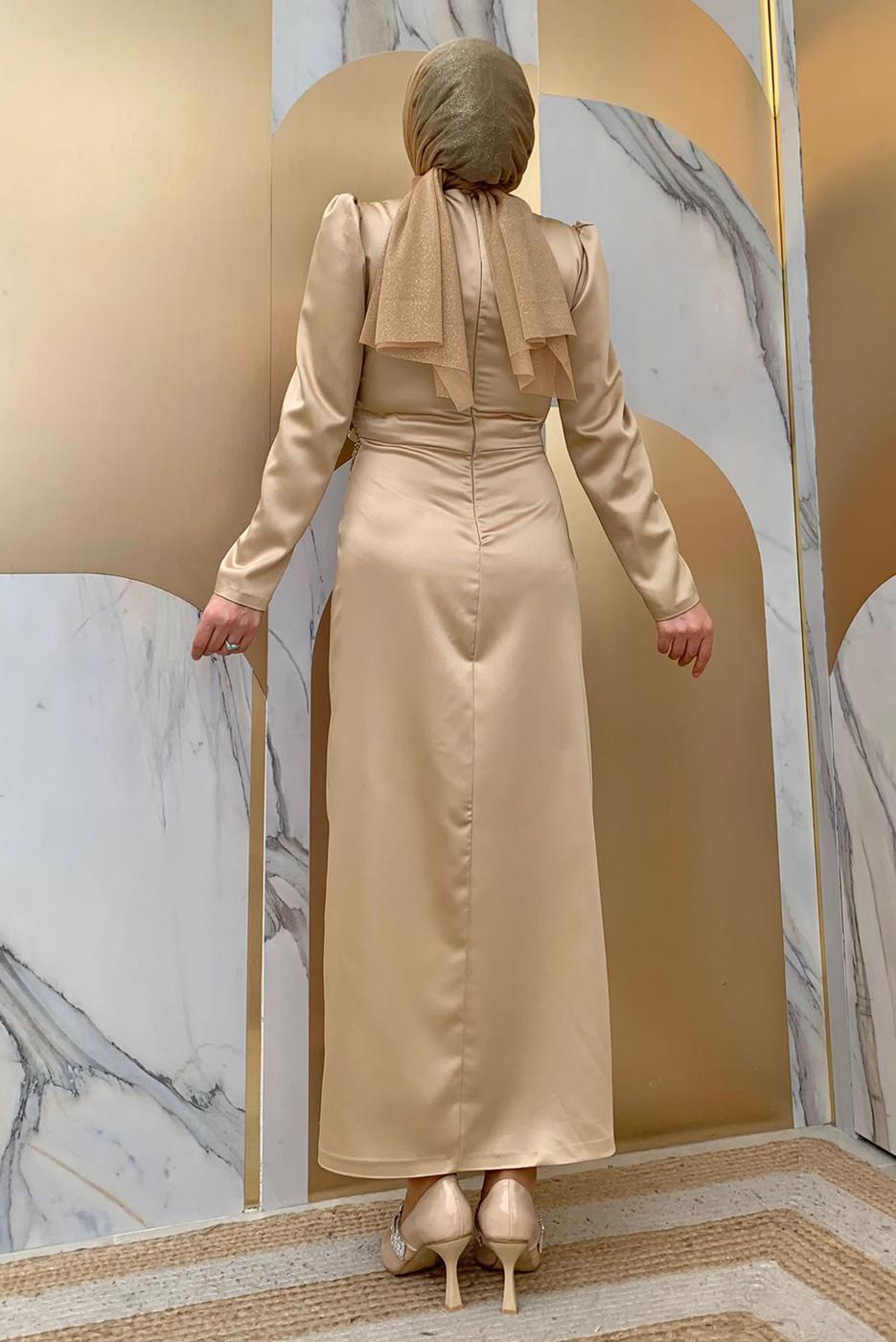 Tesettür giyim VİZON TAŞ DETAYLI BÜZGÜLÜ ABİYE ELBİSE T 6873