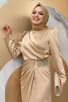 Tesettür giyim VİZON TAŞ DETAYLI BÜZGÜLÜ ABİYE ELBİSE T 6873