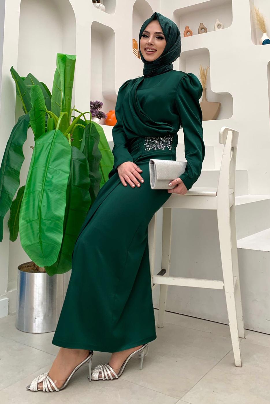 Hijab clothing GREEN SMOCKED EVENING DRESS WITH GEM DETAIL T 6873