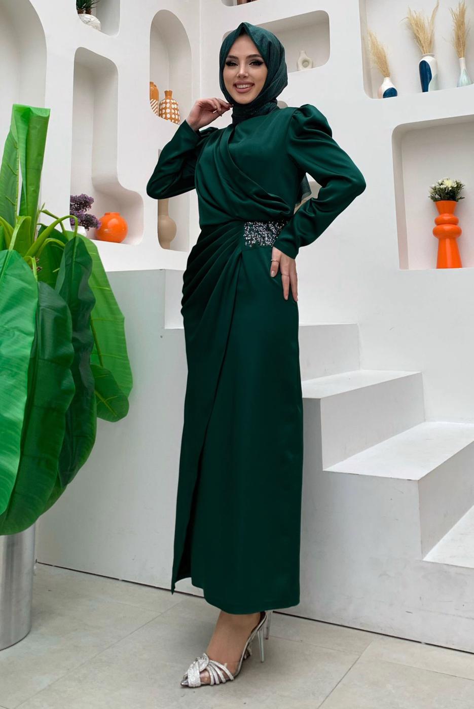 Hijab clothing GREEN SMOCKED EVENING DRESS WITH GEM DETAIL T 6873