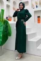 Hijab clothing GREEN SMOCKED EVENING DRESS WITH GEM DETAIL T 6873
