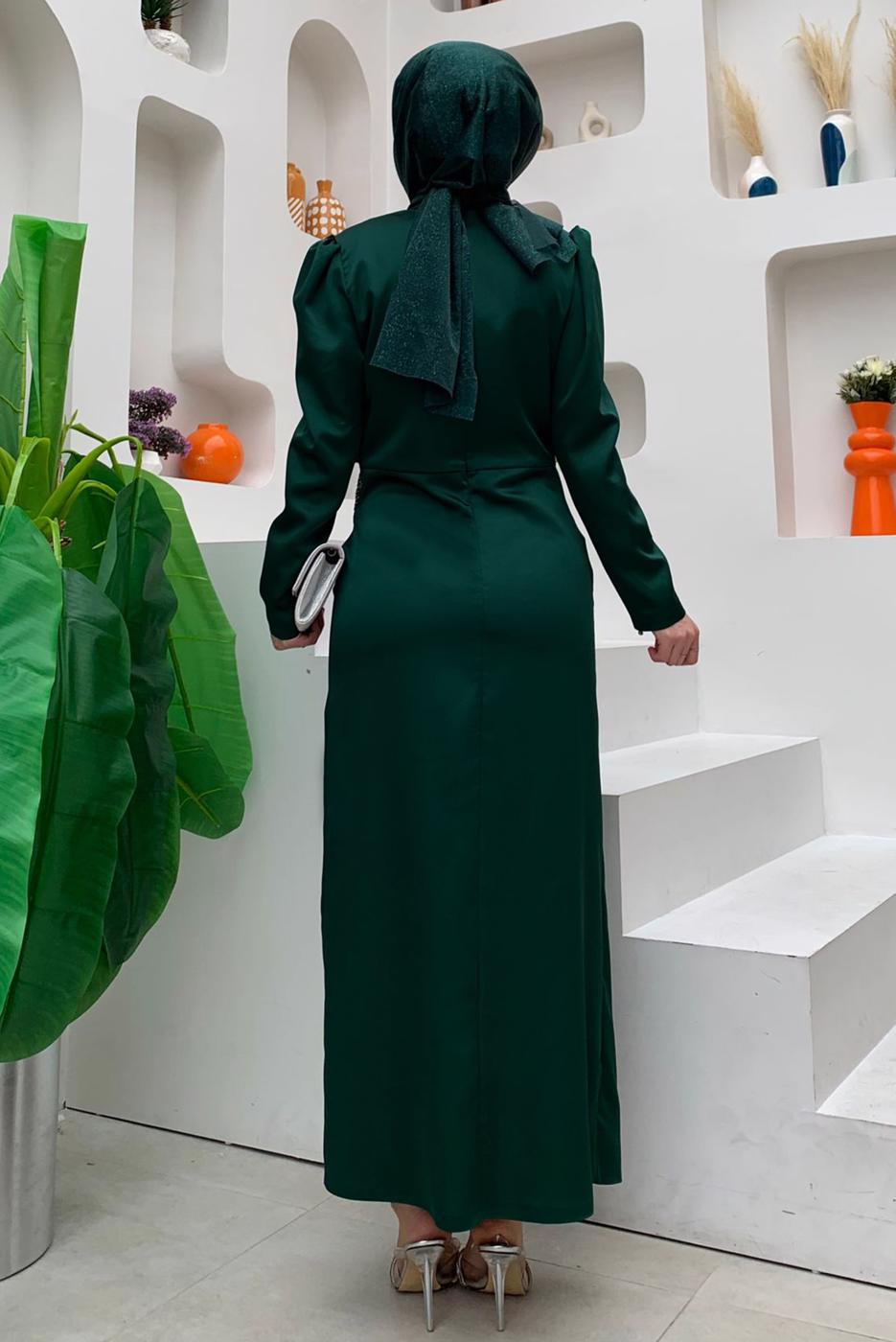 Hijab clothing GREEN SMOCKED EVENING DRESS WITH GEM DETAIL T 6873