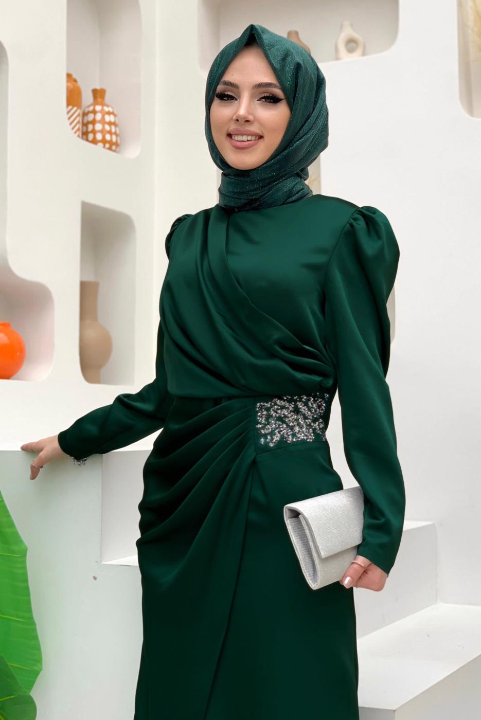 Hijab clothing GREEN SMOCKED EVENING DRESS WITH GEM DETAIL T 6873