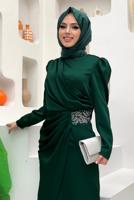 Hijab clothing GREEN SMOCKED EVENING DRESS WITH GEM DETAIL T 6873