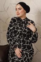 Tesettür giyim KREM LEOPAR DESENLİ BAĞLAMA DETAYLI ELBİSE T 7003