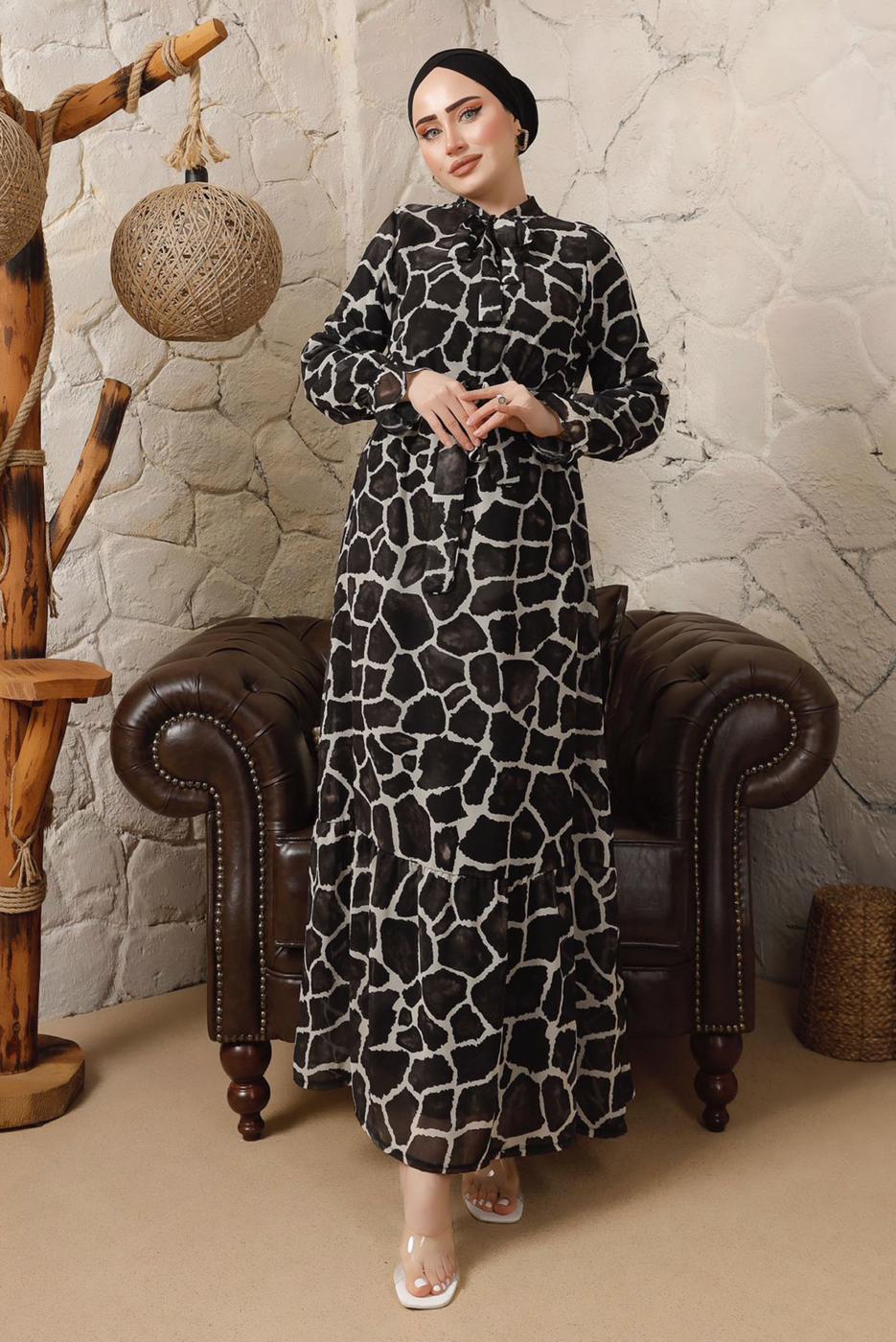 Tesettür giyim KREM LEOPAR DESENLİ BAĞLAMA DETAYLI ELBİSE T 7003