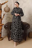 Tesettür giyim KREM LEOPAR DESENLİ BAĞLAMA DETAYLI ELBİSE T 7003