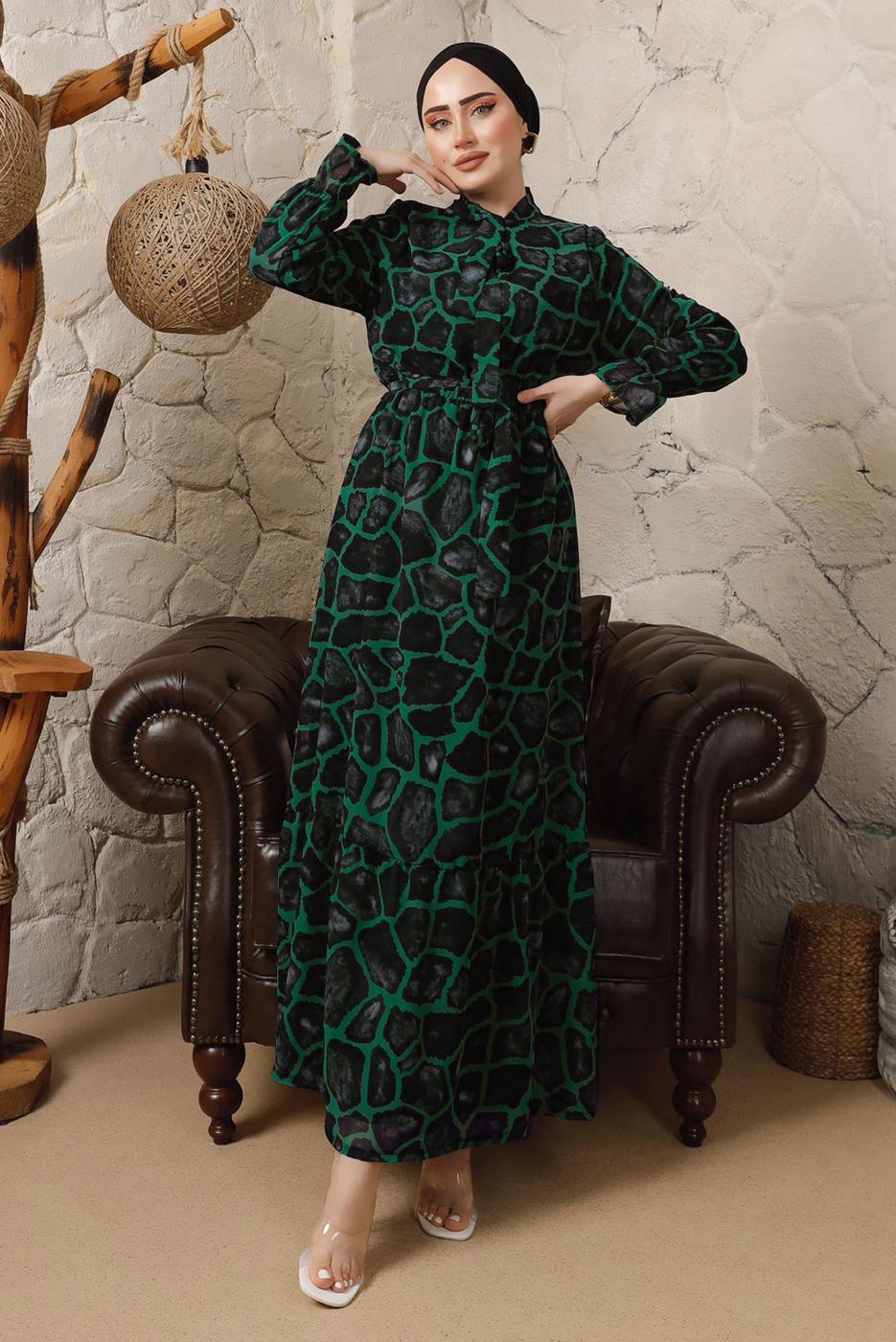 Tesettür giyim YEŞİL LEOPAR DESENLİ BAĞLAMA DETAYLI ELBİSE T 7003