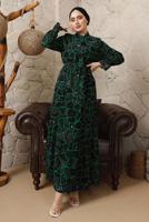 Tesettür giyim YEŞİL LEOPAR DESENLİ BAĞLAMA DETAYLI ELBİSE T 7003