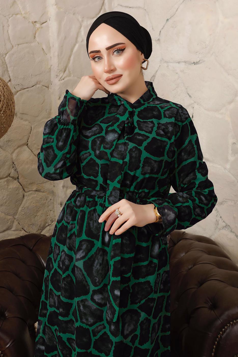 Tesettür giyim YEŞİL LEOPAR DESENLİ BAĞLAMA DETAYLI ELBİSE T 7003