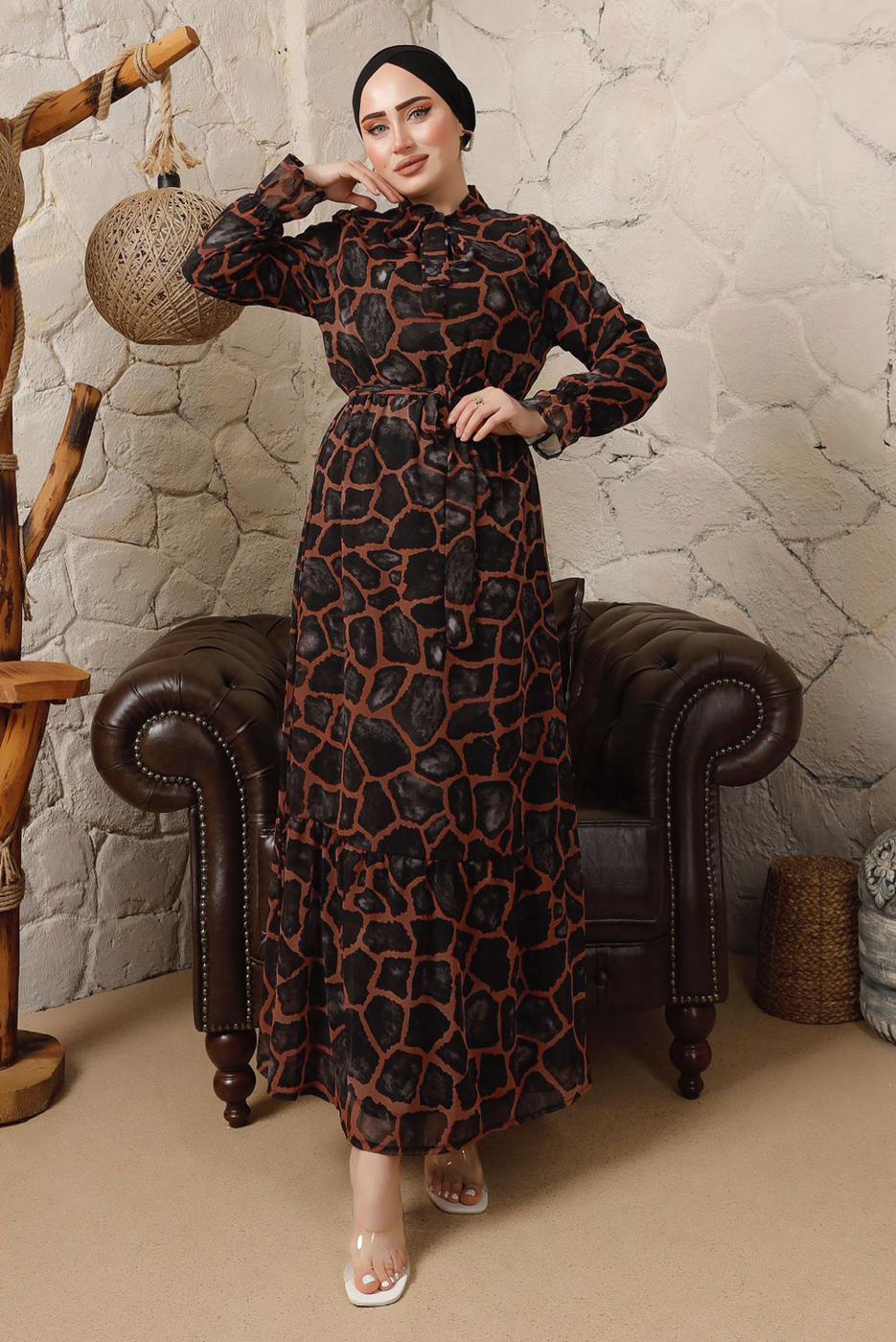 Tesettür giyim MERCAN LEOPAR DESENLİ BAĞLAMA DETAYLI ELBİSE T 7003
