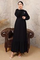 Tesettür giyim SİYAH BROŞ DETAYLI KUŞAKLI ELBİSE T 7113